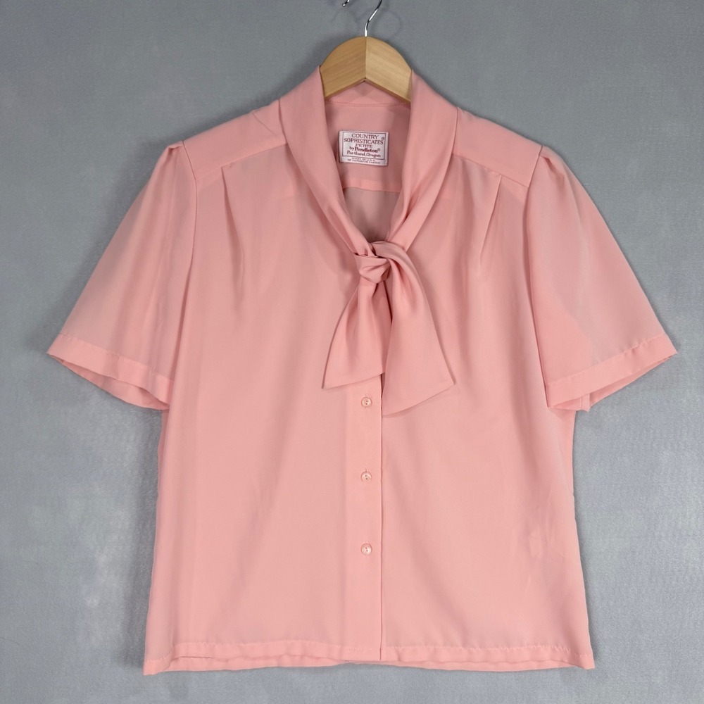 Pendleton Blouse 10‎ Pink Tie Neck Short Sleeve Country Sophisticates Petite